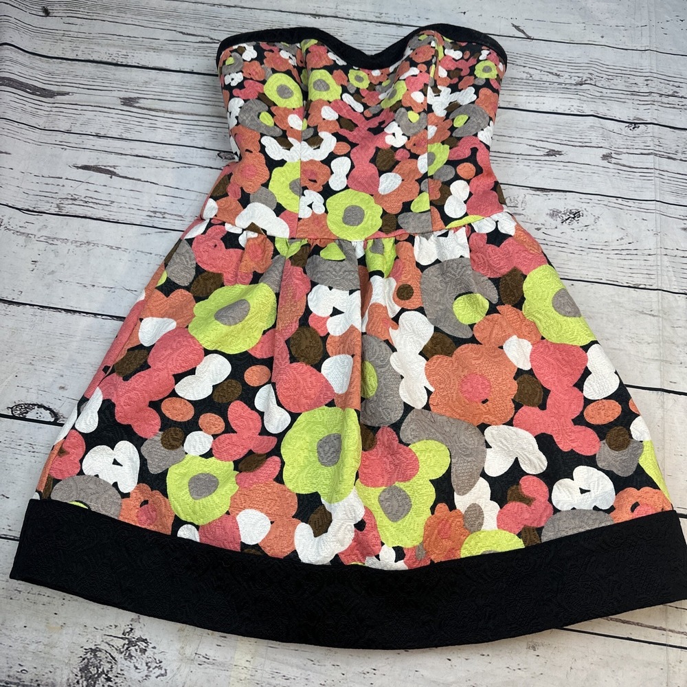 Jessica Simpson Strapless Abstract Floral Dress Orange Green Size 2 Petites